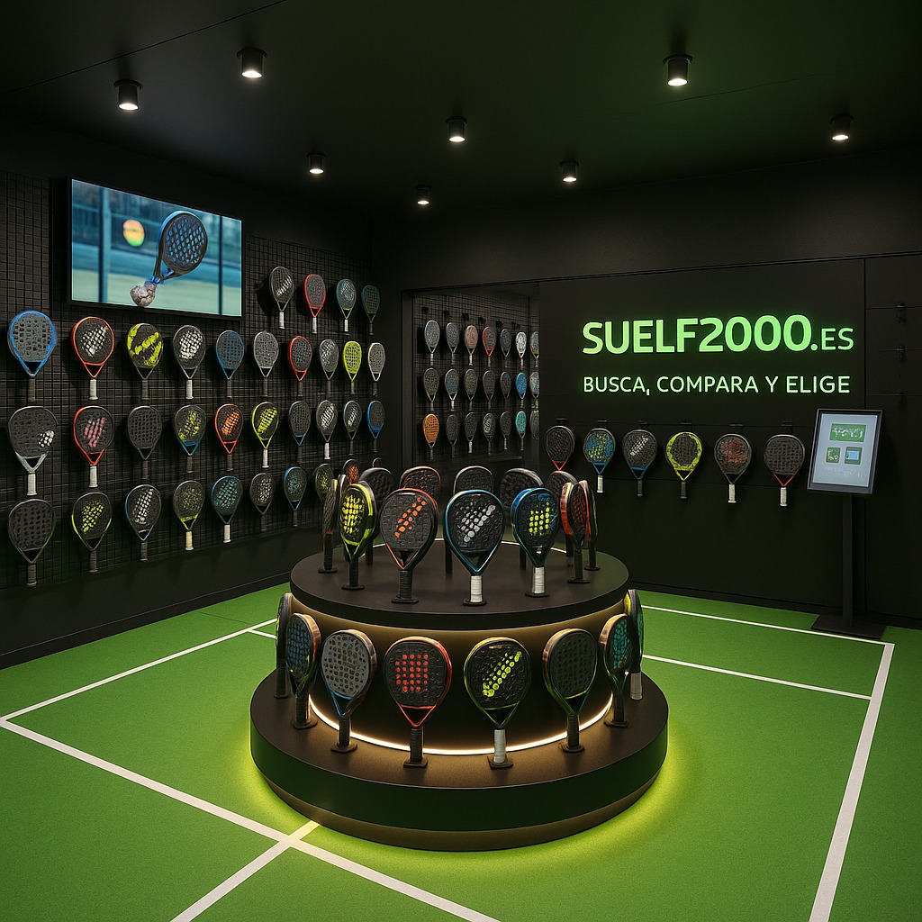 Well-organised and well-lit padel racket displays in a specialised store